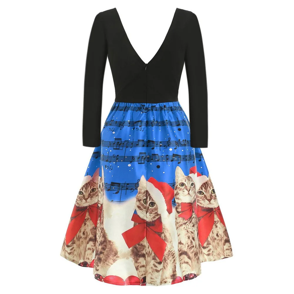 2019 Women Cats Musical Notes Print Christmas Dress V Neck A Line Long Sleeve Vintage Party Vestidos De Fiesta Noche Mujer | Женская