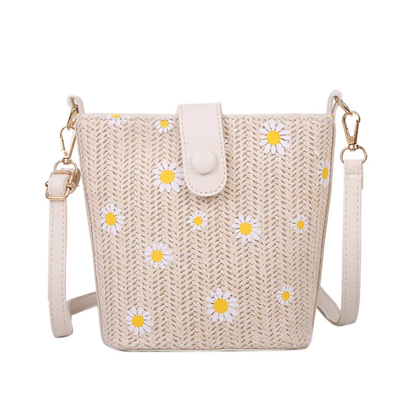 

Bucket High Capacity Design Straw Bags for Women Summer Beach Rattan Bag Flower Pattern Handmade Messenger Crossbody Handbags