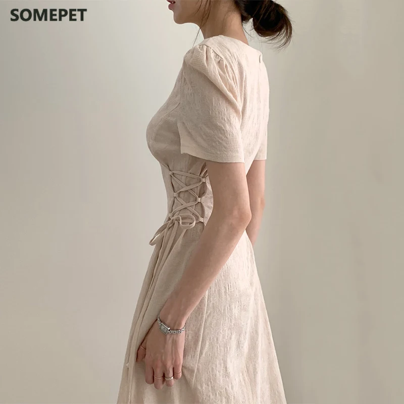 

Korean Style Temperament Dresses Solid V-neck Short Puff Sleeve Bandage Vestidos Summer Elegant Fashion Dress