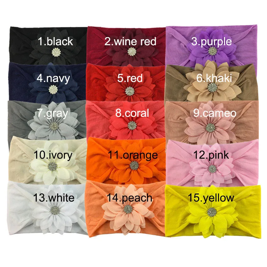 

20 pcs/lot ,9 cm New Hot Sale Children headband Soft nylon cloth art lotus leaf flower with rhinestone hair fashion accessories