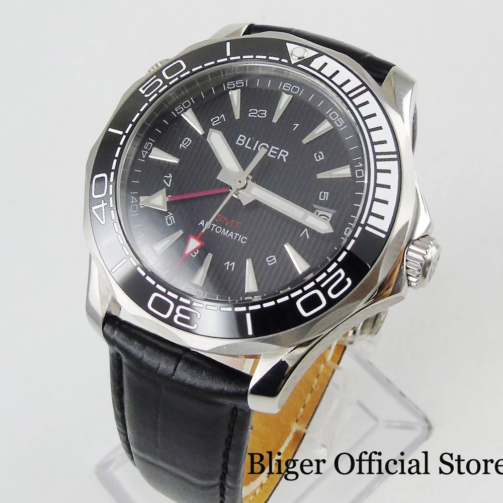 6 Models BLIGER 41mm Black Dial Date Window GMT Function Sapphire Glass Self Winding Men Wristwatch Leather Strap Ceramic Bezel | Наручные