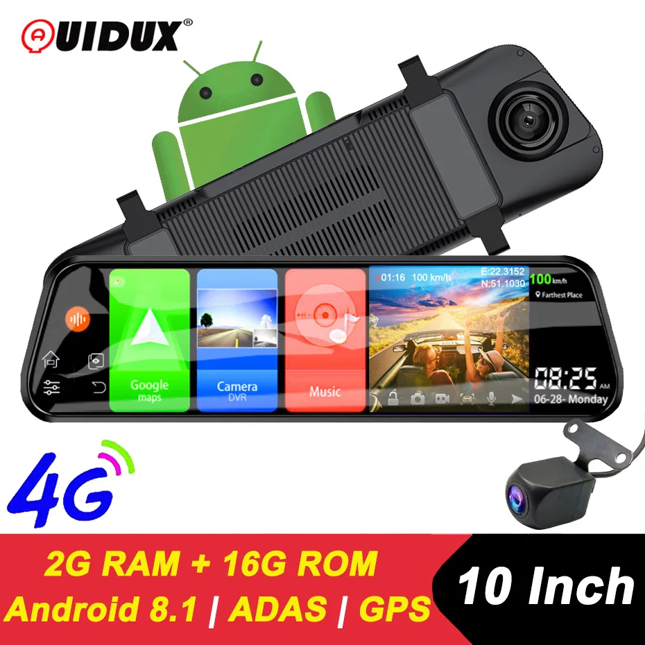 

QUIDUX 4G ADAS Car DVR Camera 10"Android 8.1 Stream Media Rear View Mirror FHD 1080P WiFi GPS Dash Cam Registrar Video Recorder