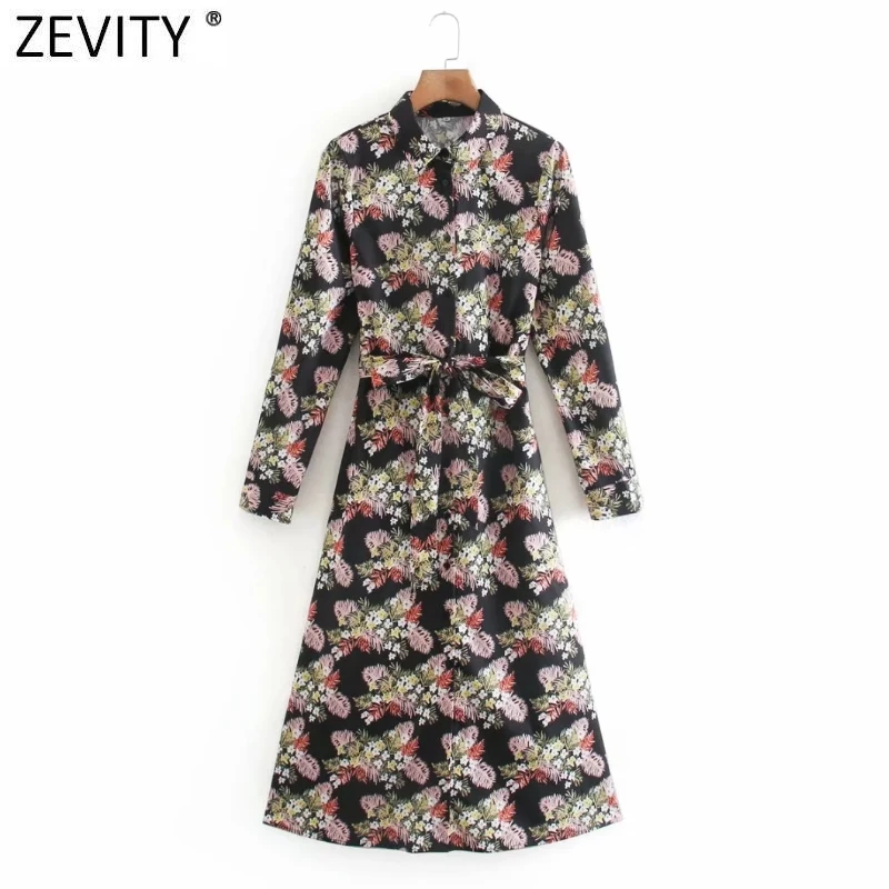 

Zevity 2021 New Women Vintage Leaves Print Bow Sashes Midi Shirt Dress Female Chic Turn Down Collar Casual Slim Vestido DS4946