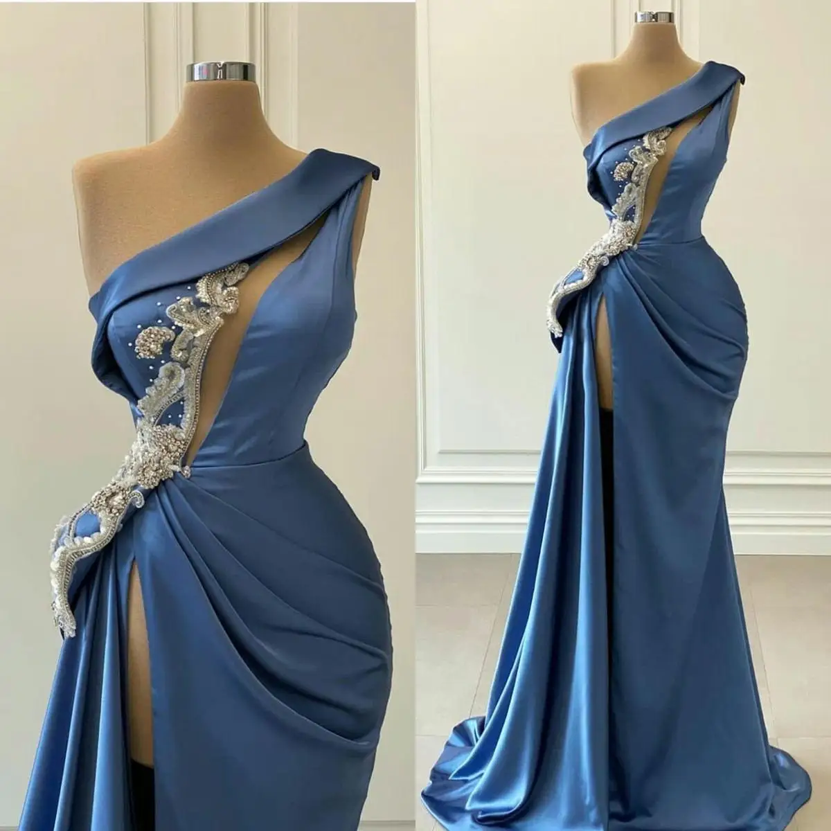 

Blue Mermaid Prom Dresses One Shoulder High Side Split Satin Beads Arabic Evening Gowns Sexy Women Robes Customize Formal Party