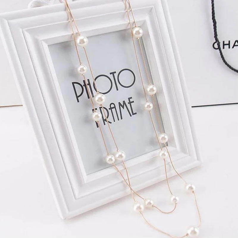 

New Long double layer Simulated Pearl Necklace Women Sweater Chain Necklace female Collares Statement Jewlery Wholesale 2019