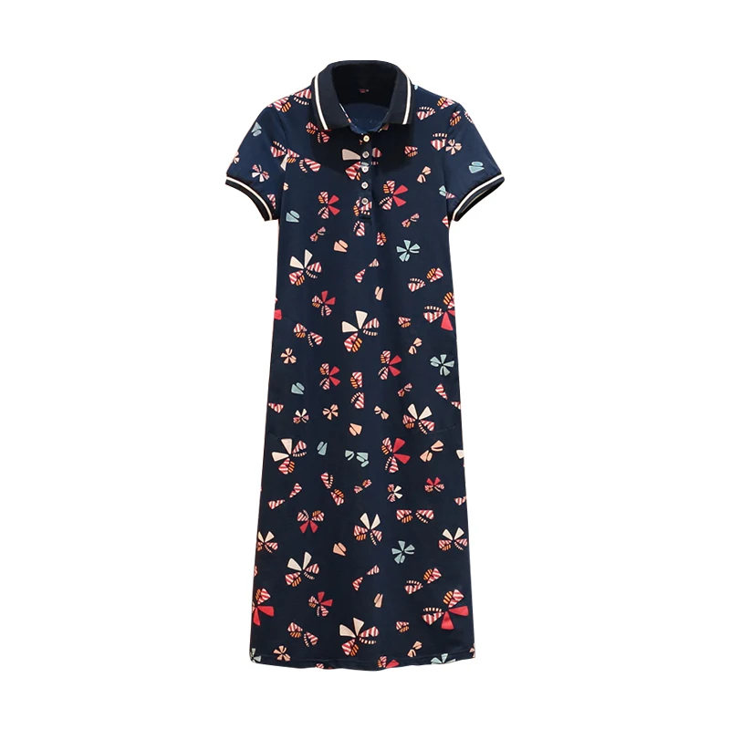 

2021 Summer New Polo Lapel Large Size Women's Clothing Full-Figured Girls' Short Sleeve Printed Long T-shirt Dress Slimming
