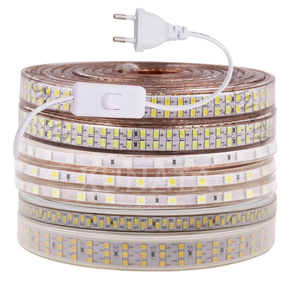 

220V LED Strip Light with Switch SMD 5730 2835 5050 Flexible Led Tape 180/240Leds/m Outdoor Waterproof LED lightening EU Plug