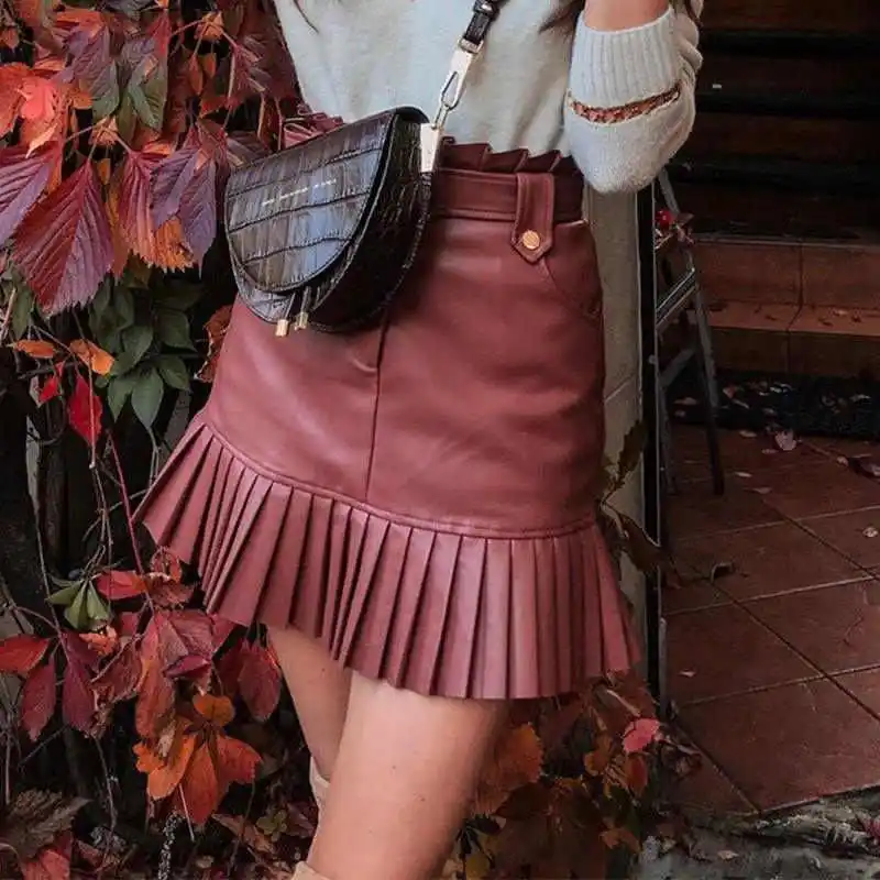 Женская мини-юбка из искусственной кожи плиссированная юбка на осень и зиму пояс