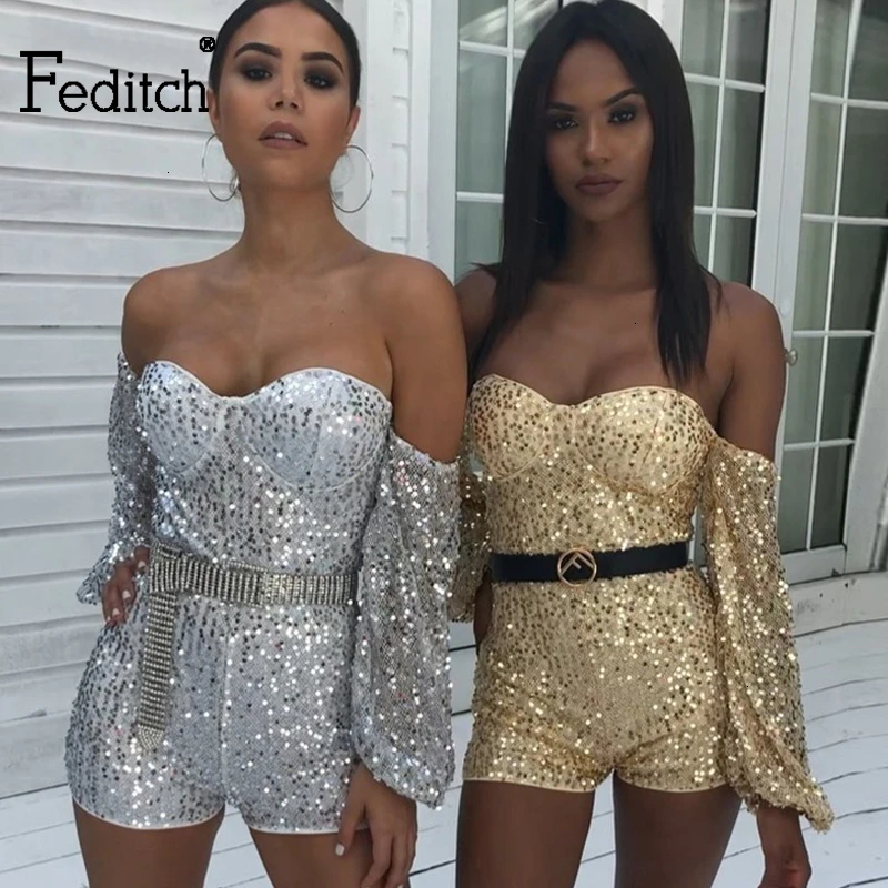 Feditch Off Shoulder Sequined Sexy Jumpsuit Women Club Wear Party Playsuit Gold Elegant Female Glitter Playsuit New Rompers