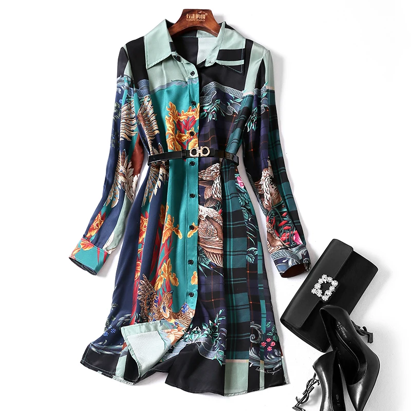 

High end society New 2021 lapel printed silk shirts straight loose waist long dress woman