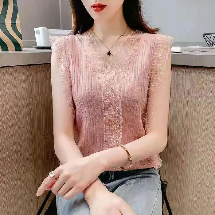 

Women's summer 2021 new V-neck sleeveless sweater with lace stitching and ice small sling vest