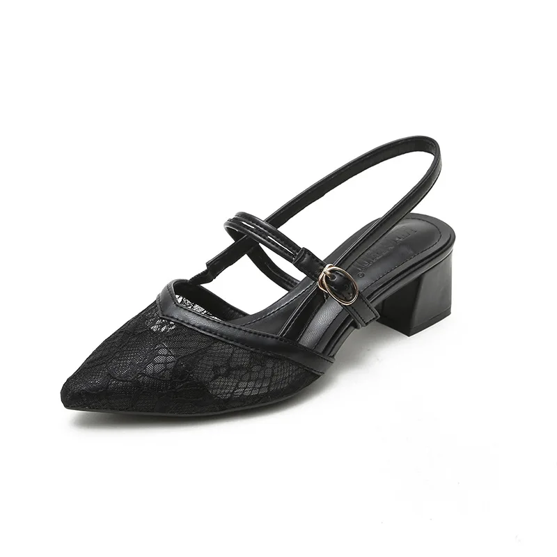 

Clear Heels Sandals With Laces Black Shoes for Women Shallow Mouth Buckle Strap Med 2021 Summer Beige High New Closed Block Deni