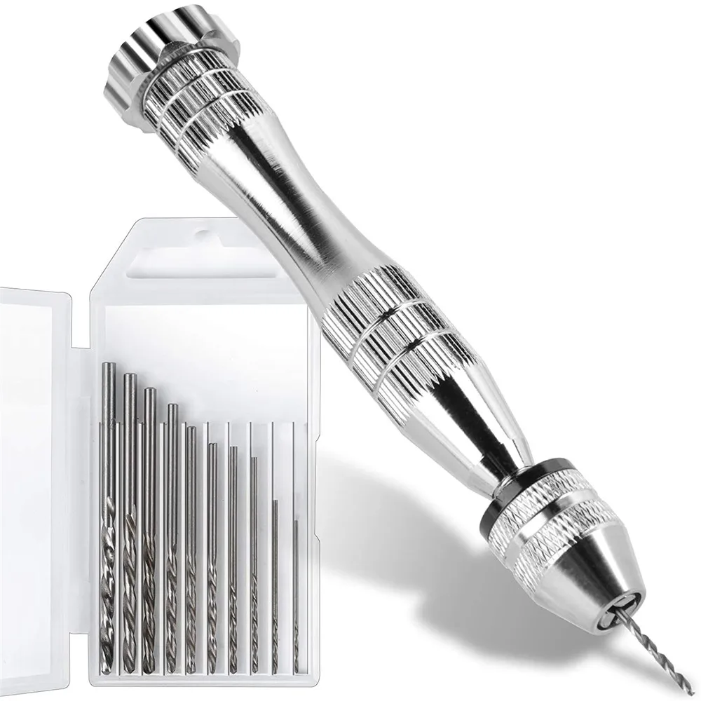 

0.8-3mm Aluminum Hand Drill With Keyless Chuck + 10pcs Torsion Drill Mini Jewelry Woodworking Rotary Drilling Tools