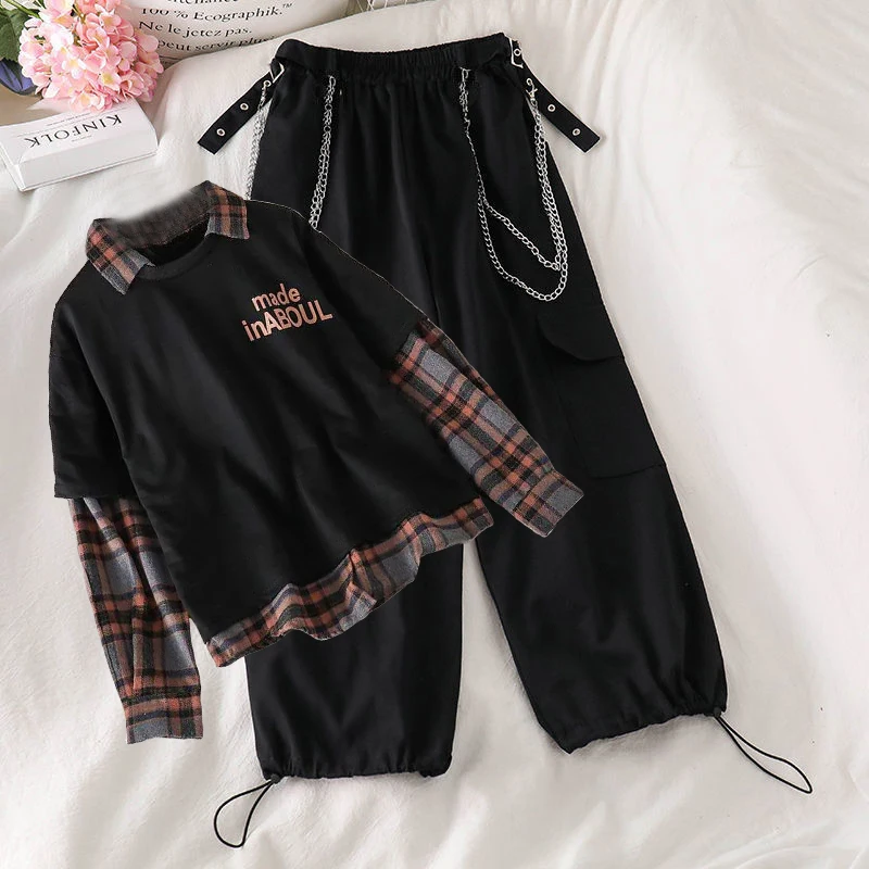 

Autumn Spring Women Casual Joggers 2 Piece High Waist Loose Female Hip Hop Trousers With Blouse Funny Streetwear Femme