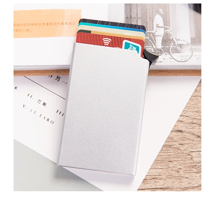 BYCOBECY RFID Противоугонный кредитный держатель для карт тонкий чехол для ID карты унисекс автоматически твердый металлический кошелёк для банковских карт бизнес мини - Цвет: Silver X-55