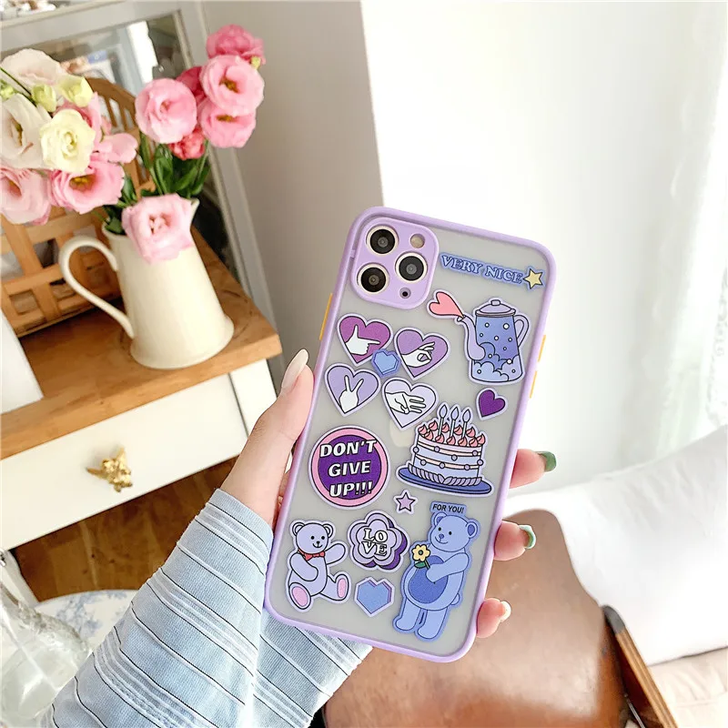 Cute Cartoon Bear Lovely Pattern Label Matte Phone Case For iPhone 11 Pro Max 7 8 Plus SE 2020 X XR XS Plastic Covers | Мобильные