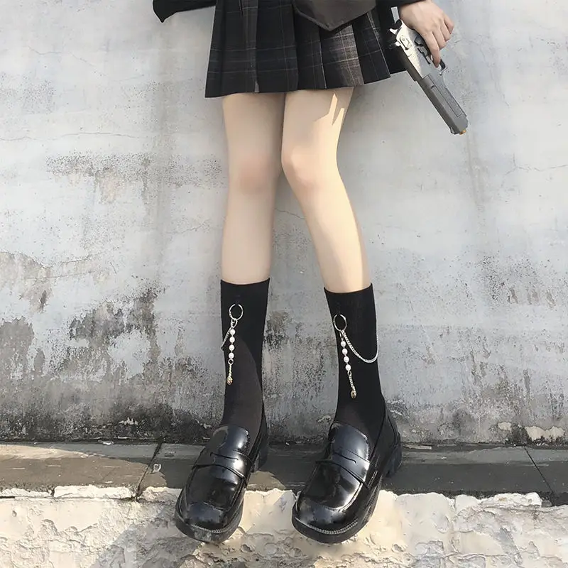 

Women's Socks Japanese Lolita Harajuku Chain Black Short Middle Tube Leg Socks Summer Thin College Style JK Female Cotton Socks