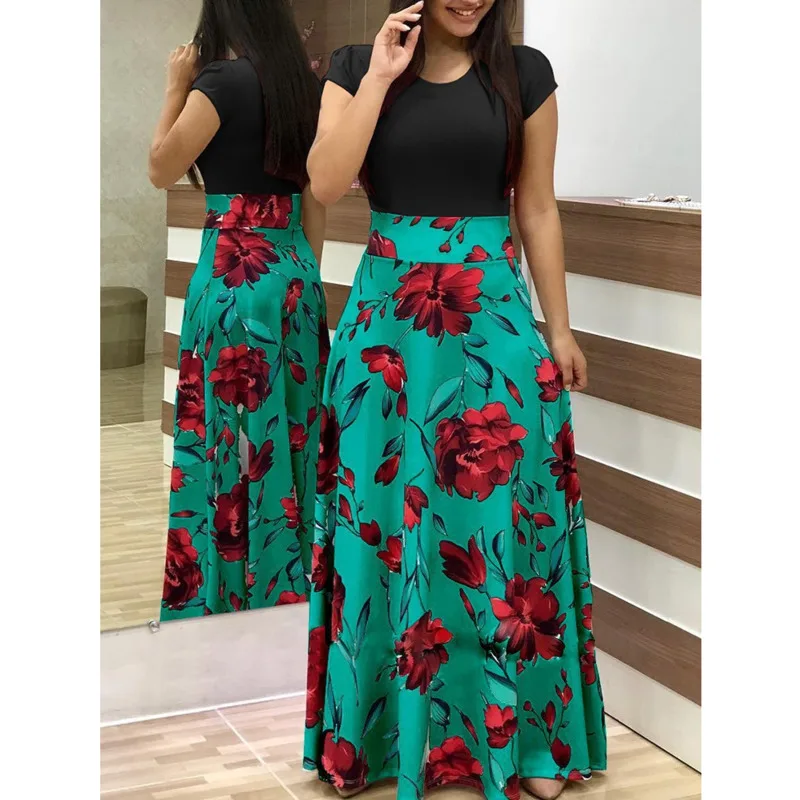 

New Maxi Dresses Plus Size Women's Summer Robe Print Stitching Flower Casual Fashion Bodycon Elegant Lady Dress Vestidos 2021