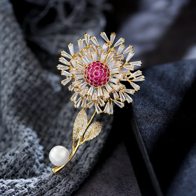 

Shining Crystal Dandelion Brooches Pins Romantic Sweet Pearl Flower Corsage Fashion Suit Flower Pin 2022 Design Luxury Jewelry