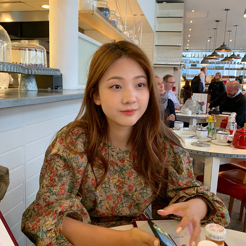 

Women Spring Square Collar Long Sleeve Long Floral Dresses Elegant vintage High Waist Ruffle Dresses with Waist Belt