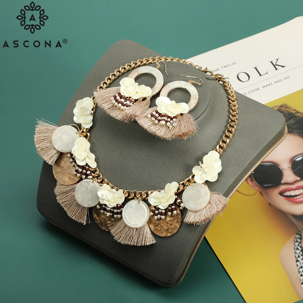 

Ascona Women Charm Vintage Bohemian Ethnic Tassel Pendant Necklace&Earrinfs For Women Choker Chain Clothing Jewelry Sets Whosale