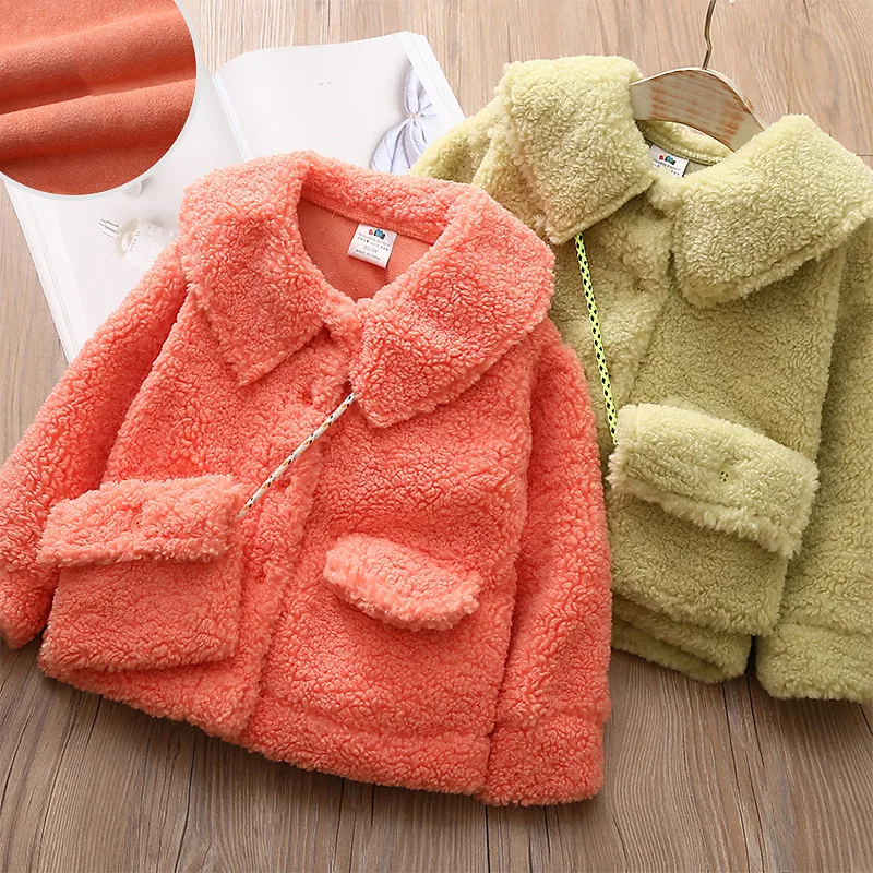 

2021 New Warm Winter Lamb Wool Coat for Girls Kids Plus Velvet Jackets for 2-8 Years Olds Thicken Fleece Pockets Coats