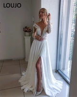 luojo vintage wedding dresses lace chiffon long sleeves a line backless v neck beach bride gowns plus size bridal dress elegant