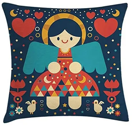 

Pooizsdzzz Angel Throw Pillow Cushion Cover, Cartoon Angel Colorful Dress and Wings Surrounded by Hearts Flowers, Decorative