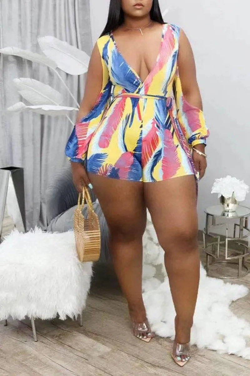 

Plus Size Women Casual Short Jumpsuits Fashion Print Long Sleeves Holes V-Neck With Slashes Loose Rompers Lady Nightclub Party
