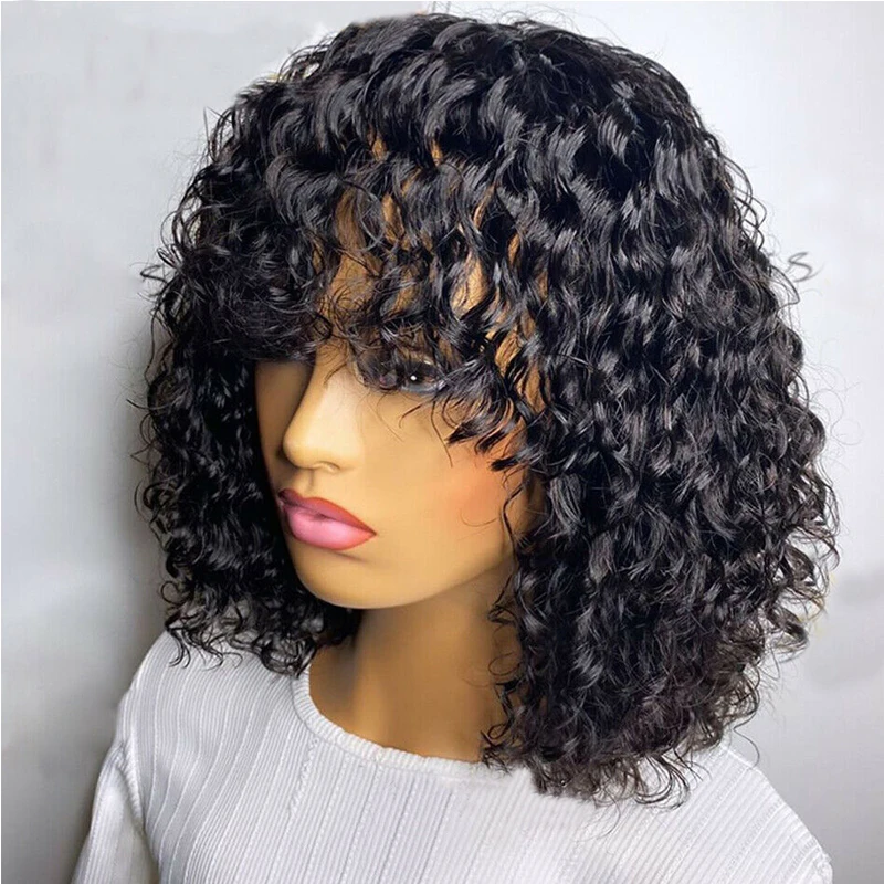 

12Inch 180%Density Short Bob Kinky Curly With Bangs Synthetic Lace Front Wig For Women With Baby Hair Daily Wear Glueless Wigs