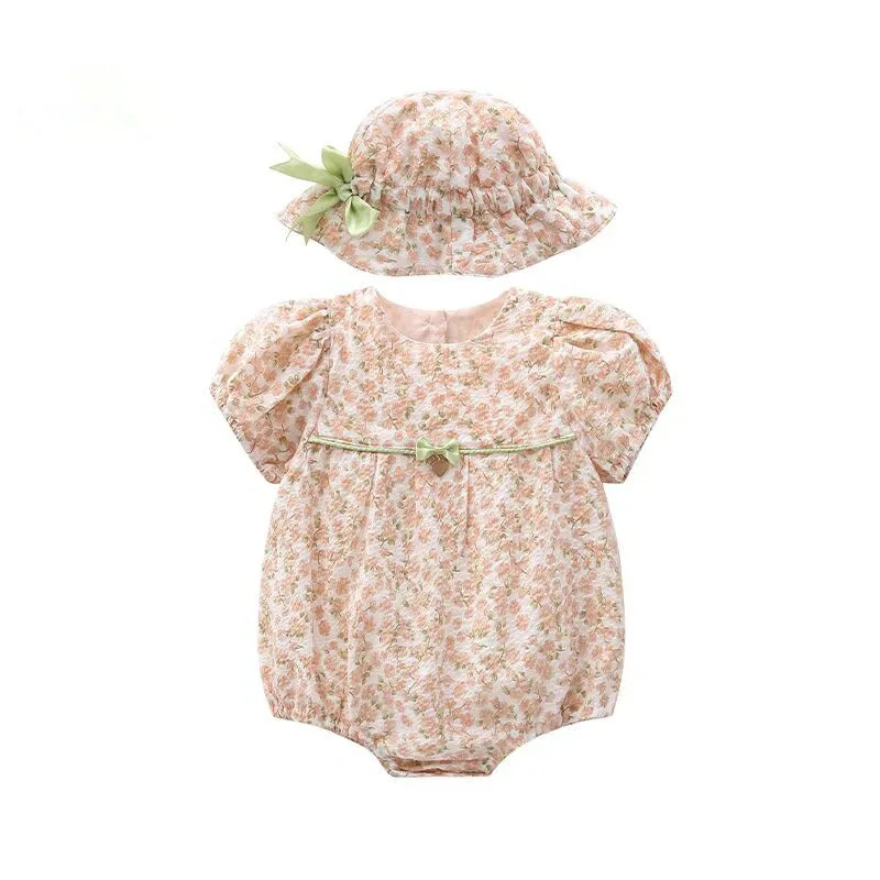 

Newborn Infant Baby Girls Clothes Summer Kids Bodysuit Floral Elegant Cute Sunsuit Outfit with Hat