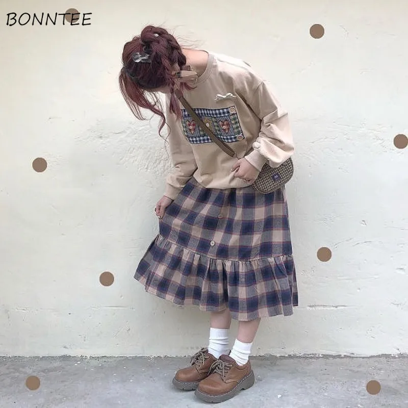 

Skirts Women Loose Students Harajuku Retro Design Button Kawaii Japanese Style Plaid High Waist Lovely Vintage Popular All-match