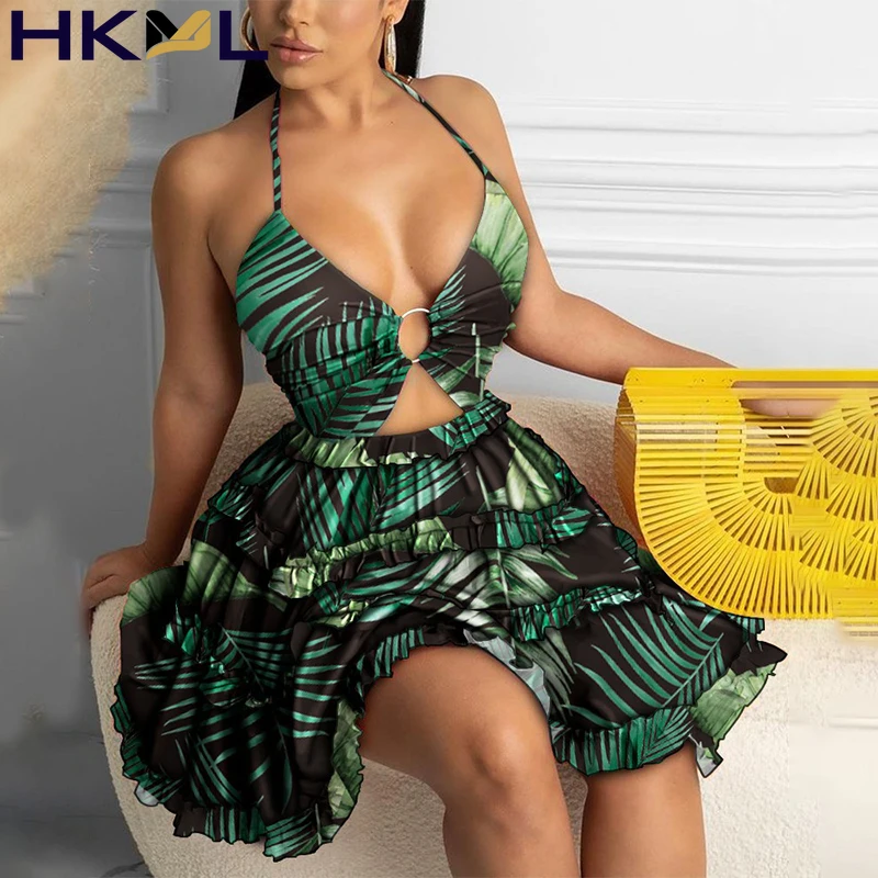 

Женское платье без рукавов, с глубоким V-образным вырезом и каскадными оборками