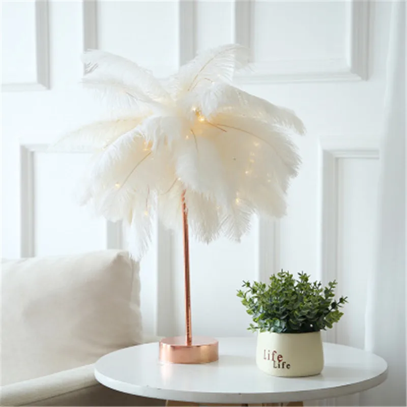 

Remote Control Feather Table Lamp LED Tree Feather Lampshade Night Light for Home Wedding Living Room Bedroom Decor Night Lights