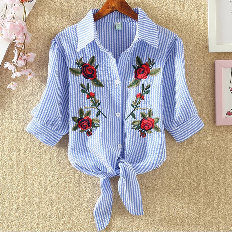 Новые Женские рубашки с вышивкой Блузки короткими рукавами Летняя весна Рубашки