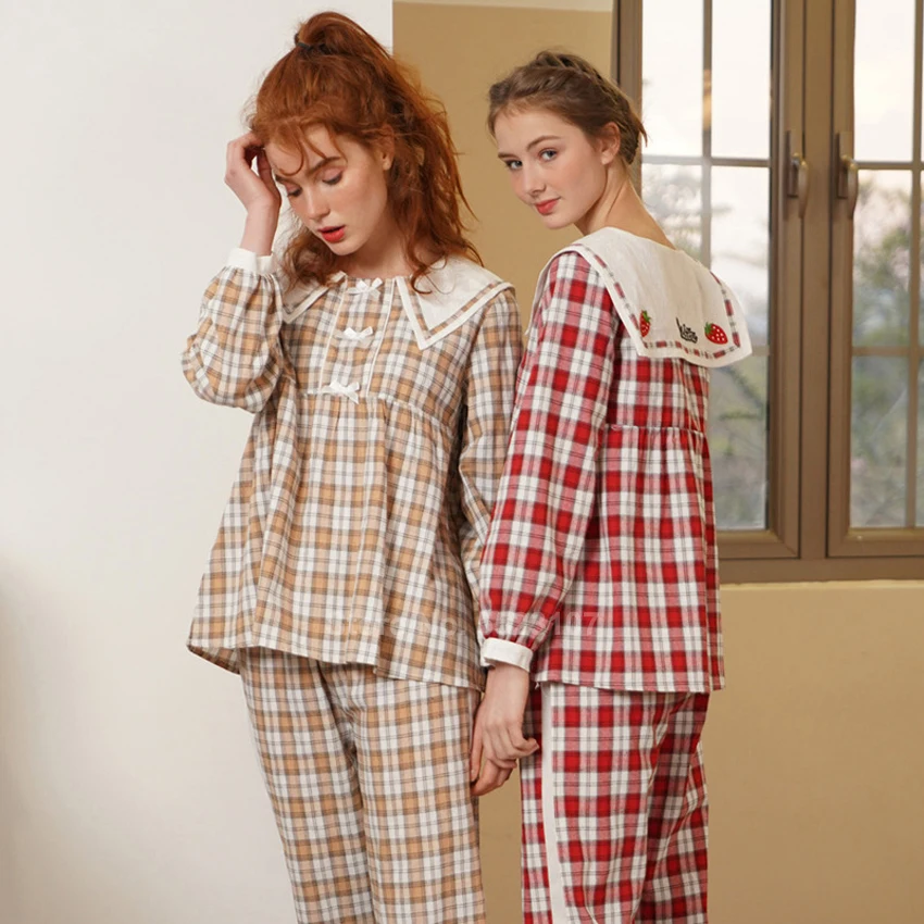 Комплект пижамный Женский кружевной в клетку с воротником Питера Пэна костюм