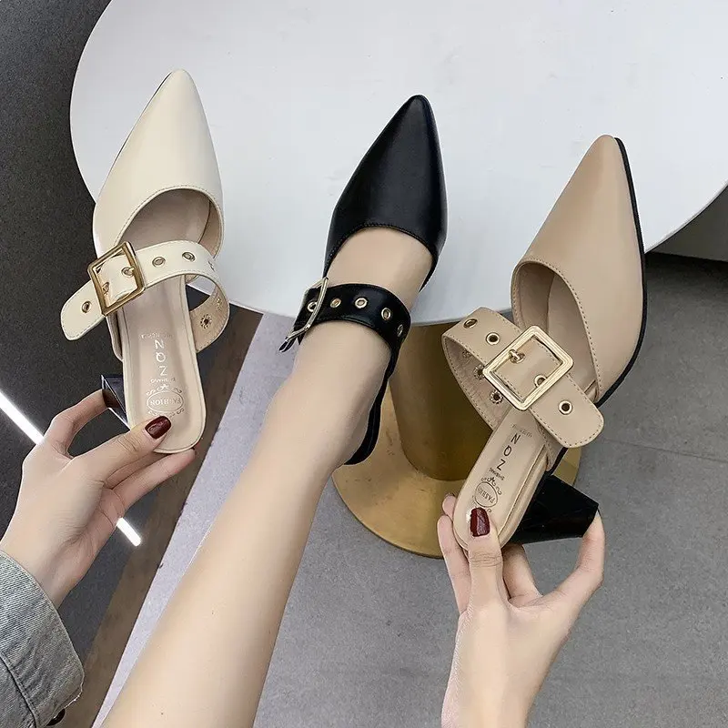 

Women Spring Summer New Mules Pu Leather Pointed Toe Slip On Flip Flops Slipper Summer Sandals Square Heel Zapatillas De Mujer