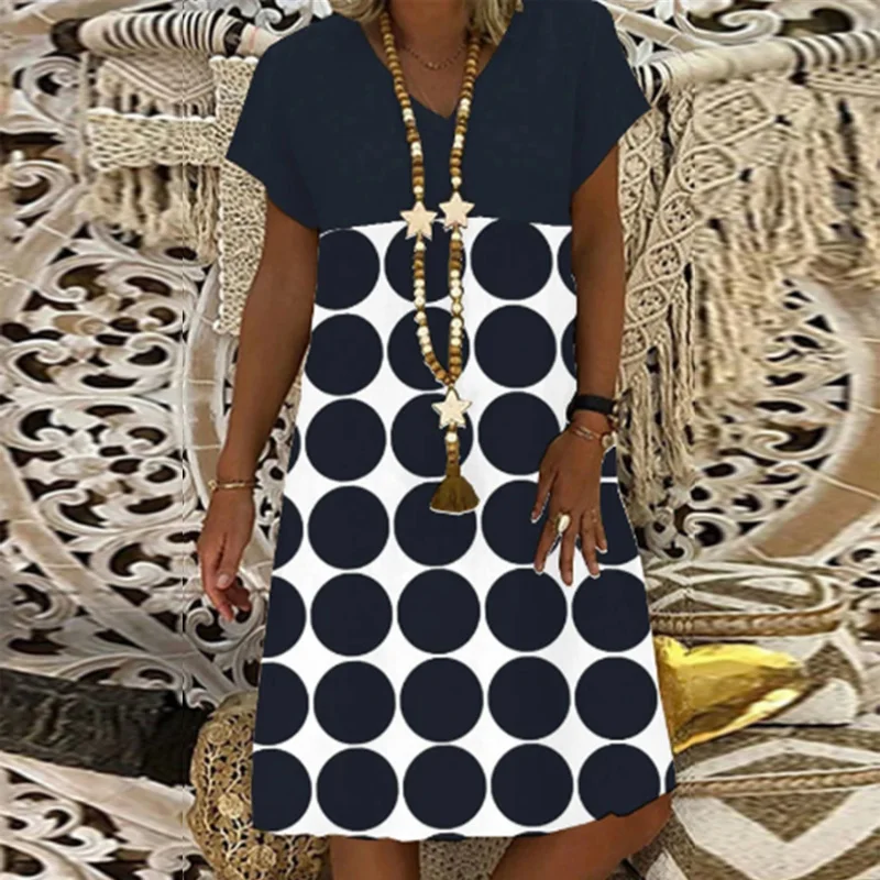 

Vintage Printed Short Sleeve A-Line Dress Women'S Elegant V Neck Loose Party Dress Casual Femme Plus Size Summer Dress Vestidos