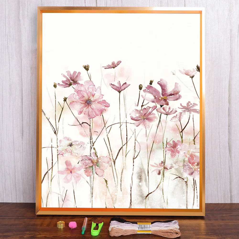 

Flower Pink Grey Floral Nordic Printed Fabric 11CT Cross Stitch DIY Embroidery Full Kit DMC Threads Handmade Wholesale