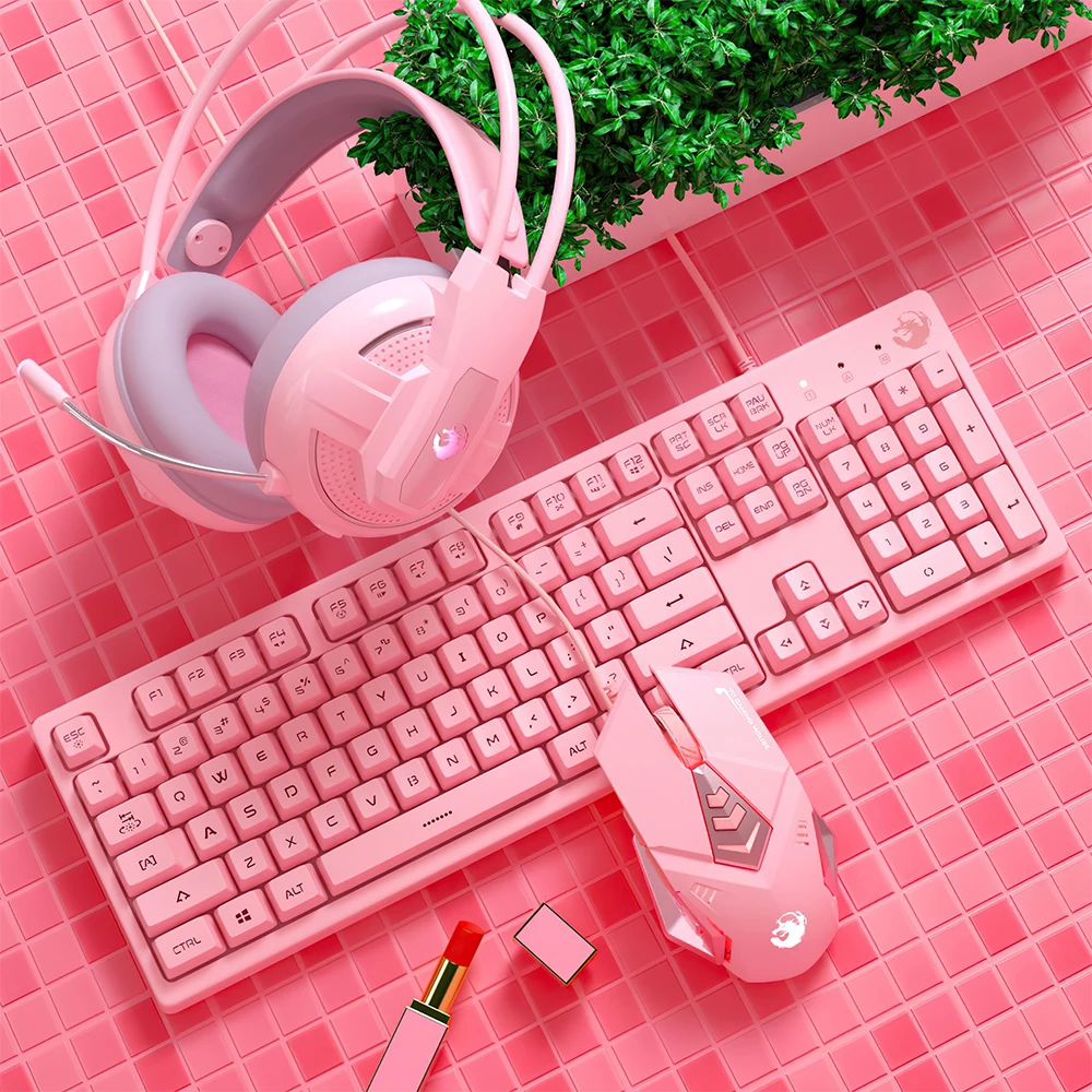 Колпак розовый игровой комбо 104 ключей Проводная usb-клавиатура с Подсветка 3200 Точек на дюйм оптический Мышь Шум Снижение гарнитура комплект для PC геймер - изображение