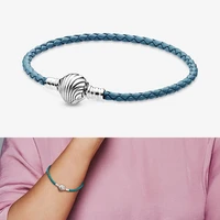 authentic 925 sterling silver new ocean series shell chain buckle turquoise braided leather bracelet european jewelry