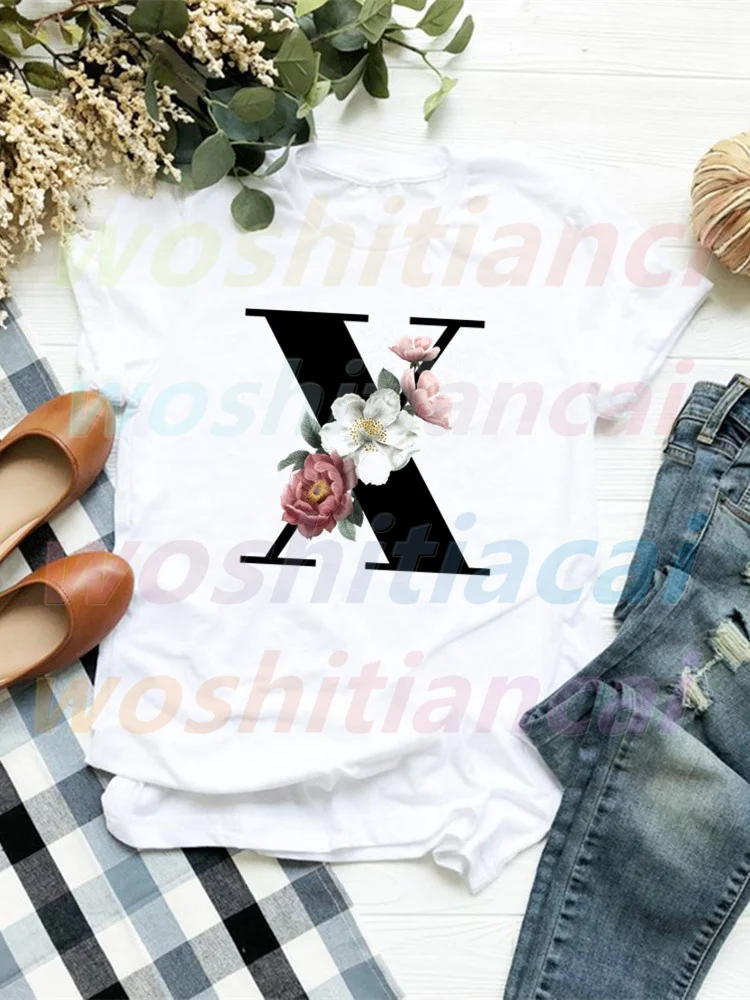 

Cute Flowers Letters Alphabet 90s Summer Tshirts Casual Round Neck Short Slee Top Tee Shirt,Drop Ship