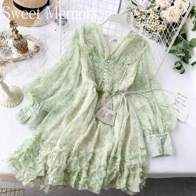 

Sweet Memory Fashion Women Pink Green Chiffon Floral Clothes Sweet Short Dress