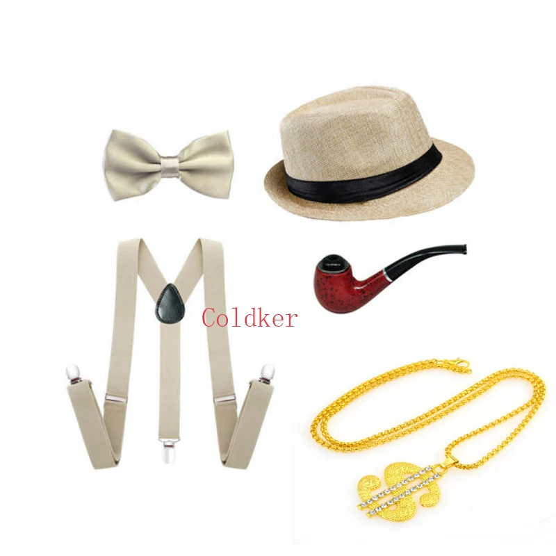 Костюмы для вечеринки 20-х годов с аксессуарами для мужчин Gatsby Gangster, включающие шляпу Панама, подтяжки, бабочку и ожерелье.