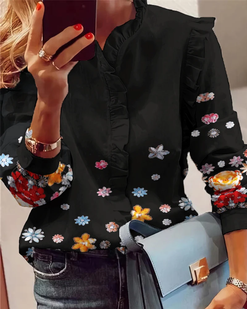 

Women Elegant Fashion Butterfly Print Blouses Top Ruffle Trim Casual Long Long Sleeve Blouse Women