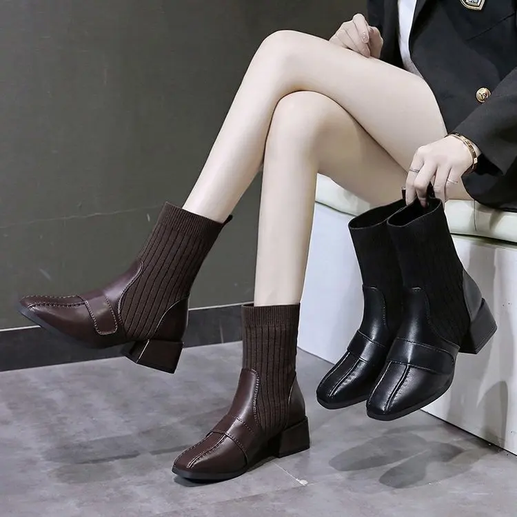 

Ladies boots women's autumn and winter new thin boots elastic boots women's short boots thick heel small square socks boots