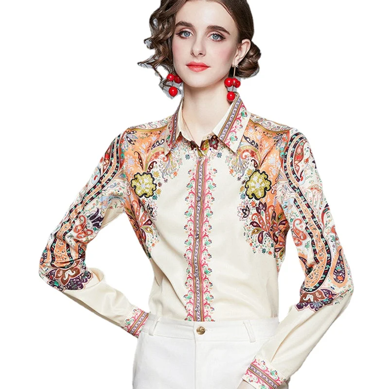 

2021 new trendy fashion printed shirt female temperament fashion lapel long-sleeved retro floral spring long-sleeved top