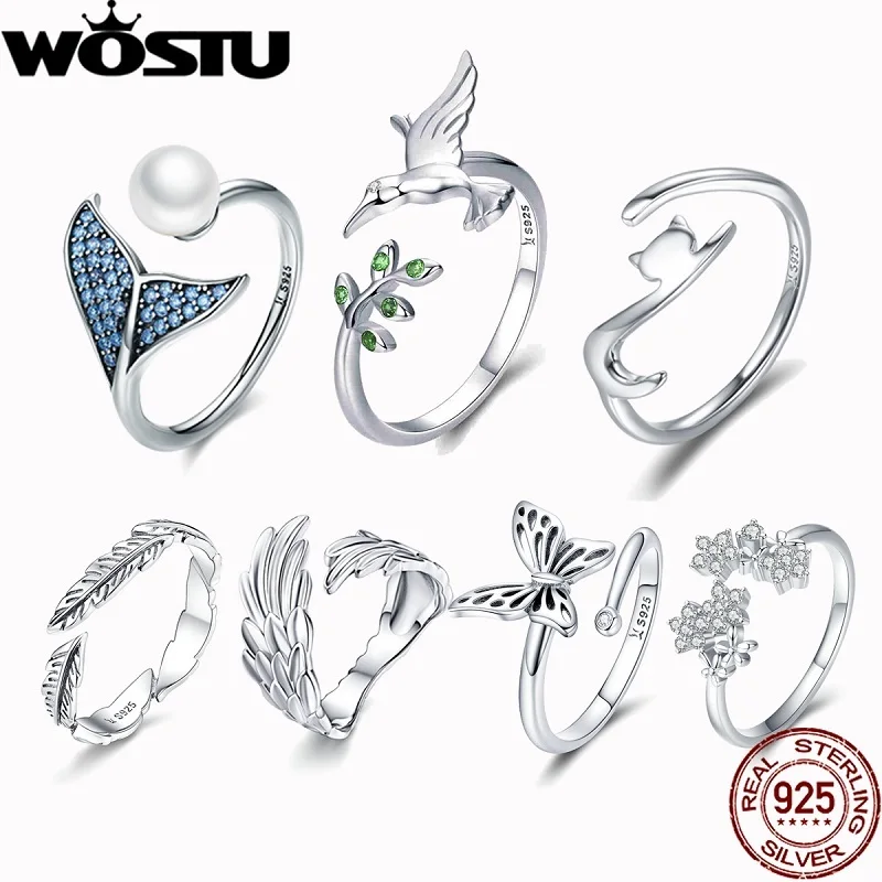 WOSTU Настоящее 925 пробы, серебряные кольца, распродажа, прозрачные CZ Регулируемые кольца, винтажные совместимые модные ювелирные изделия, подарок