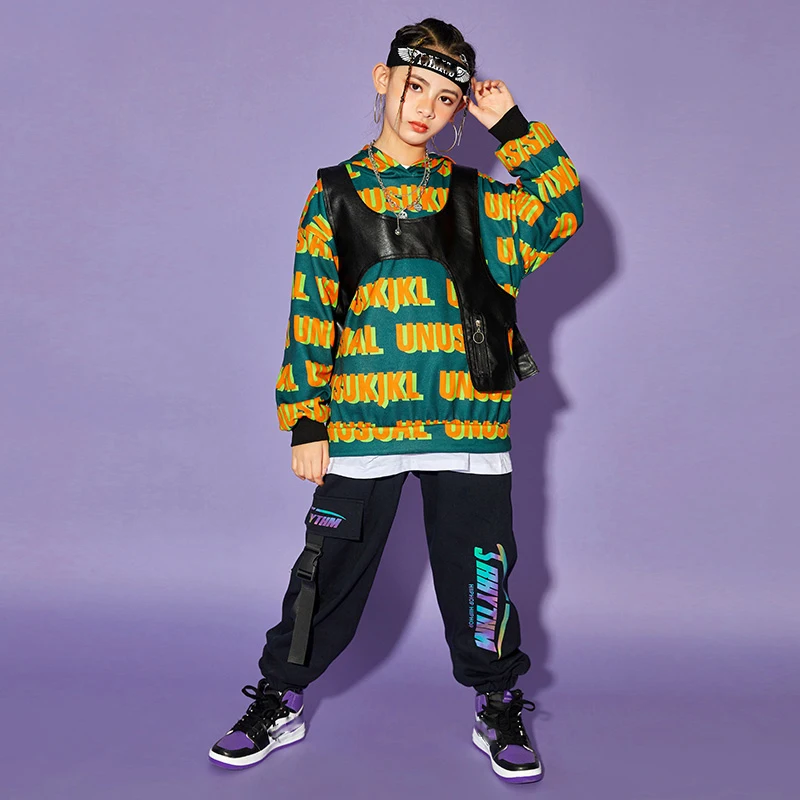 

Fashion Girl Jazz Dance Costumes Black Vest Long Sleeve Hoodie Shirts Loose Pants Hip Hop Dance Clothes Performance Wear 110-180