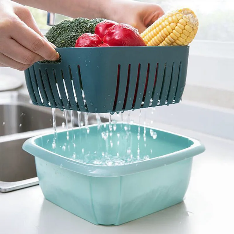 

HOT Multifunction Double-layer Drain Basket with Lid Plastic Fruit Storage Basket Kitchen Refrigerator Drain Storage Box NDS
